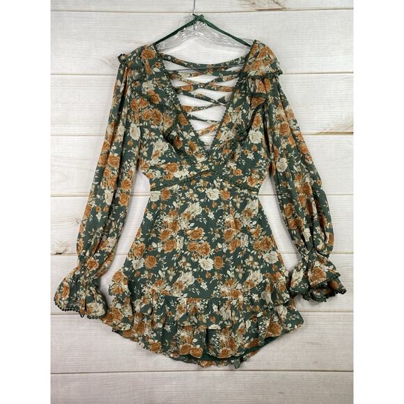 Saints + Secrets Dress M Green Floral Deep V Mini Long Slv Open Lace Up Ruffle - Picture 1 of 11
